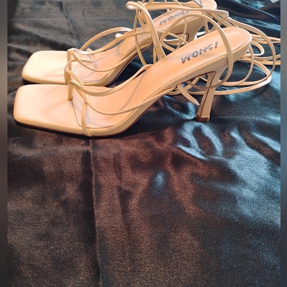 ISNOM Lace Up Heels Sandals Women. Open Toe Thong Strappy Heels tan size 10 - Picture 2 of 6